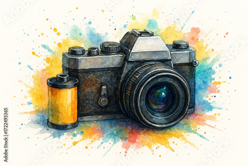 Vintage Camera Watercolor with Color Splashes