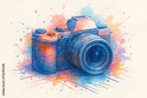 Retro Camera with Blue and Orange Splash