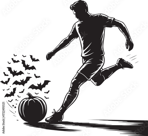 Halloween soccer player pumpkin ball silhouette vector