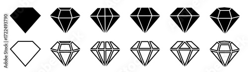 Diamond icon set. Different shapes of diamond cuts. Diamond icon set in flat style. Diamond collection icons. Diamonds logo design. Vector illustration.