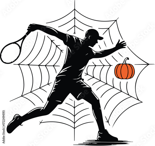 Halloween tennis player pumpkin ball silhouette vector