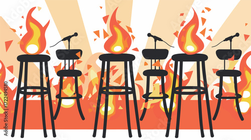 Bar seat in flames on stage, dramatic fiery performance concept illustration