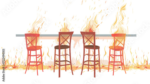 Bar seat in flames on stage, dramatic fiery performance concept illustration