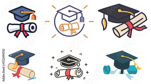 Icon of a graduation cap and rolled diploma with tie, academic achievement and education vector illustration
