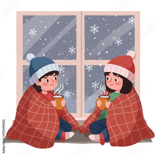 Two cozy children, wrapped in blankets and wearing winter hats, are sitting by a large window, sipping hot cocoa and watching snowflakes fall outside a warm room, in a vibrant 2D flat vector style.