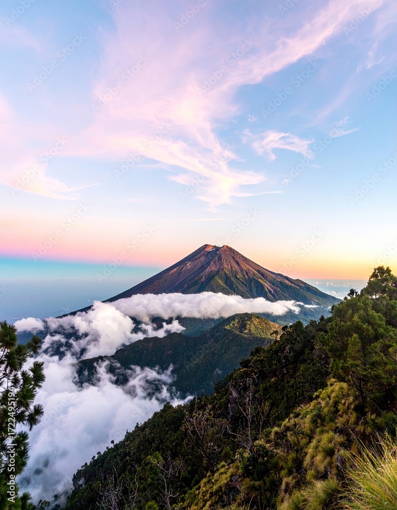 Fototapeta premium Volcanic peak at sunset, clouds