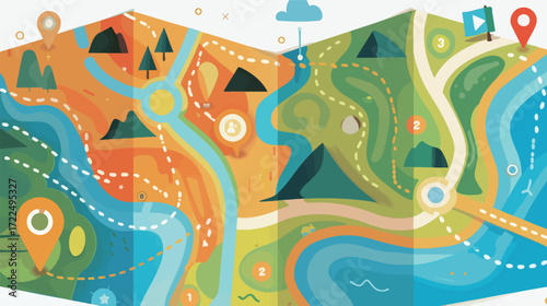 Stylized folded map with dotted path, generic travel or adventure illustration, navigation and journey concept design