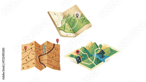 Stylized folded map with dotted path, generic travel or adventure illustration, navigation and journey concept design