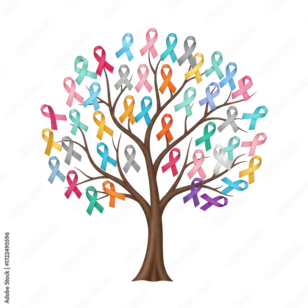 Fototapeta premium Symbolic tree adorned with colorful awareness ribbons, representing hope, support, and solidarity for various causes and health campaigns