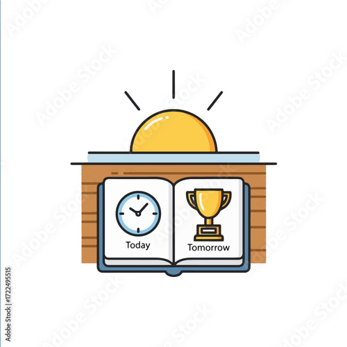 Flat vector 2D icon — Flat Vector Icon of Sunrise Study Desk — Today Focus Tomorrow Result