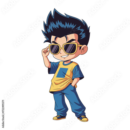 Flat vector 2D Retro anime-style chibi boy posing like a cool model, adjusting sunglasses with one hand.