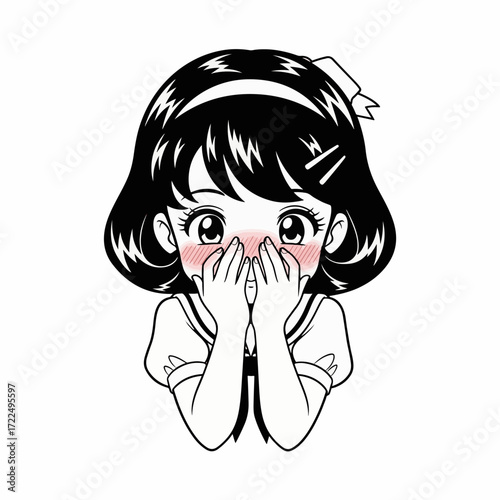 Retro anime-style chibi girl shyly hiding her face with both hands, peeking through fingers, blushing cheeks.