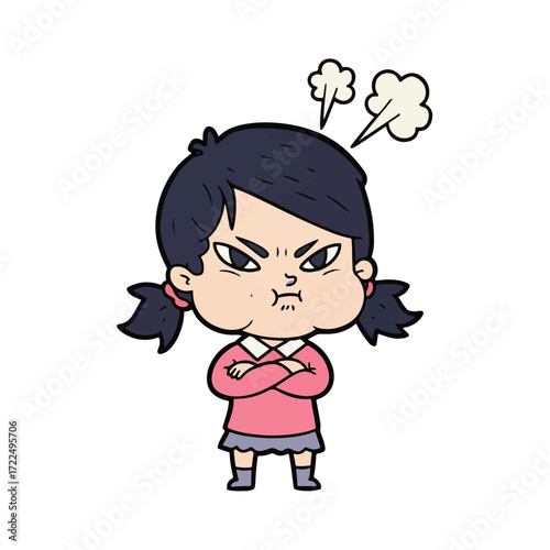 2D flat vector illustration, A tiny girl character with pigtails, crossed arms, puff of steam rising from head, cheeks puffed out angrily