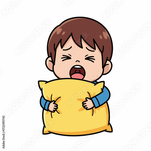 Retro anime-style chibi boy yawning while hugging a big pillow, eyes half-closed, flat 2D vector.