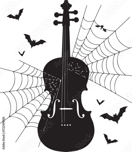 Halloween violin spider web silhouette vector