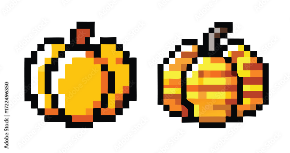 Fototapeta premium Pumpkin 8-Bit Pixel Art Icon Set. Retro Autumn Sprites