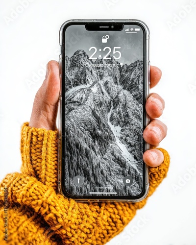Smartphone displaying grayscale mountain landscape.  Hand in mustard-colored mittens holding device