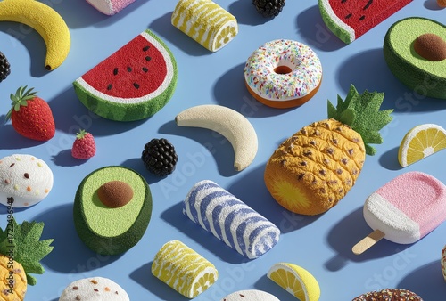 Colorful fruit and pastry pattern on a blue background