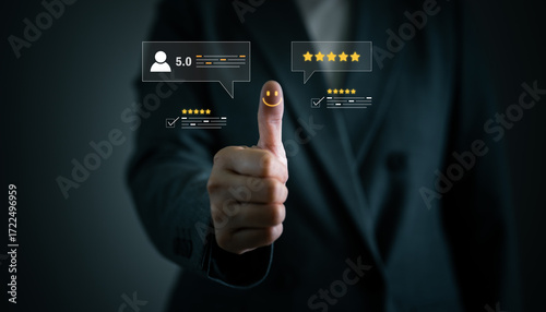 Customer satisfaction, 5 star rating, positive service feedback, and review approval system concept. Service quality, testimonials, product reviews, client experience and user feedback visuals.