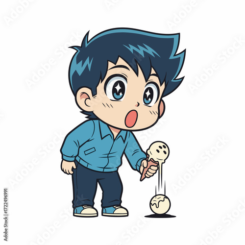 A retro anime-style chibi boy in 2D flat vector, dropping his ice cream with wide shocked eyes and open mouth.