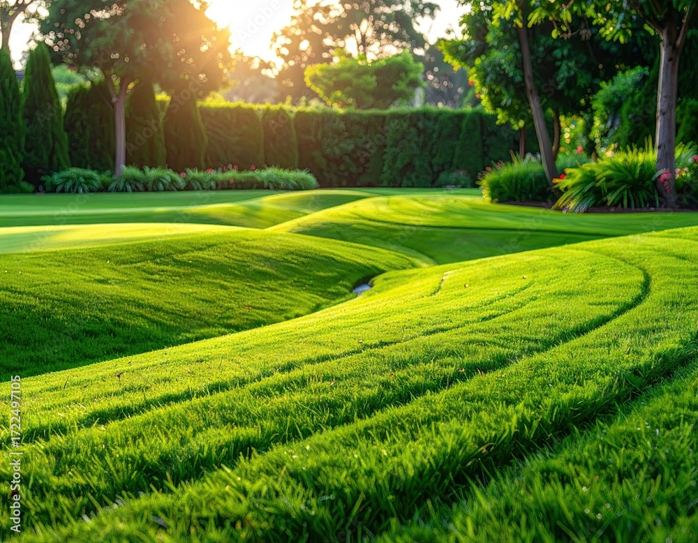 Fototapeta premium Serene Landscape: Gently Flowing River Through Lush Green Meadow at Sunset