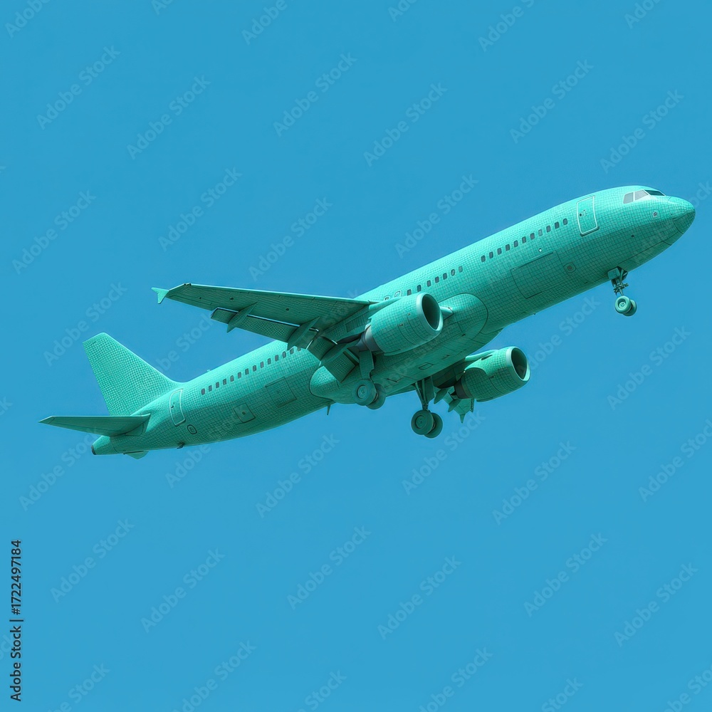 Obraz premium Turquoise airplane taking off on clear blue sky