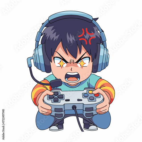 Flat 2D vector illustration, gilpy-style character anime 1980s inspired, oversized headset sliding off, tiny body gripping controller with both hands.