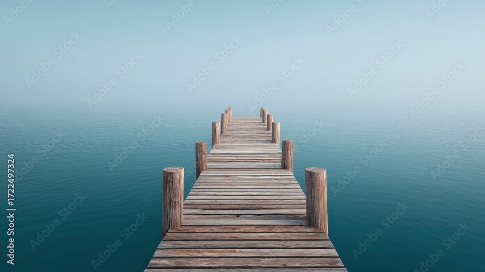 Fototapeta premium Tranquil wooden pier stretching into calm waters under a serene foggy sky, offering a peaceful escape for quiet reflection and relaxation