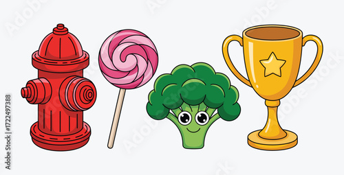 Cute cartoon illustrations featuring hydrant lollipop broccoli and golden trophy