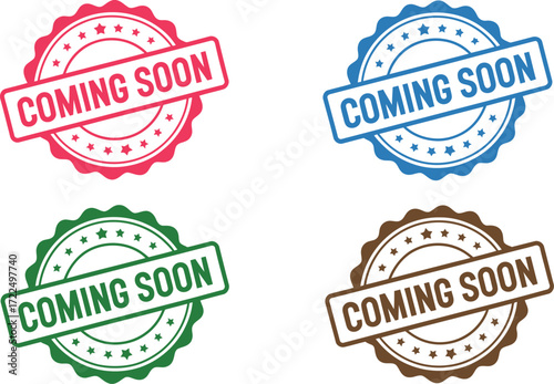 Four "Coming Soon" Seals in Red, Blue, Green, and Brown