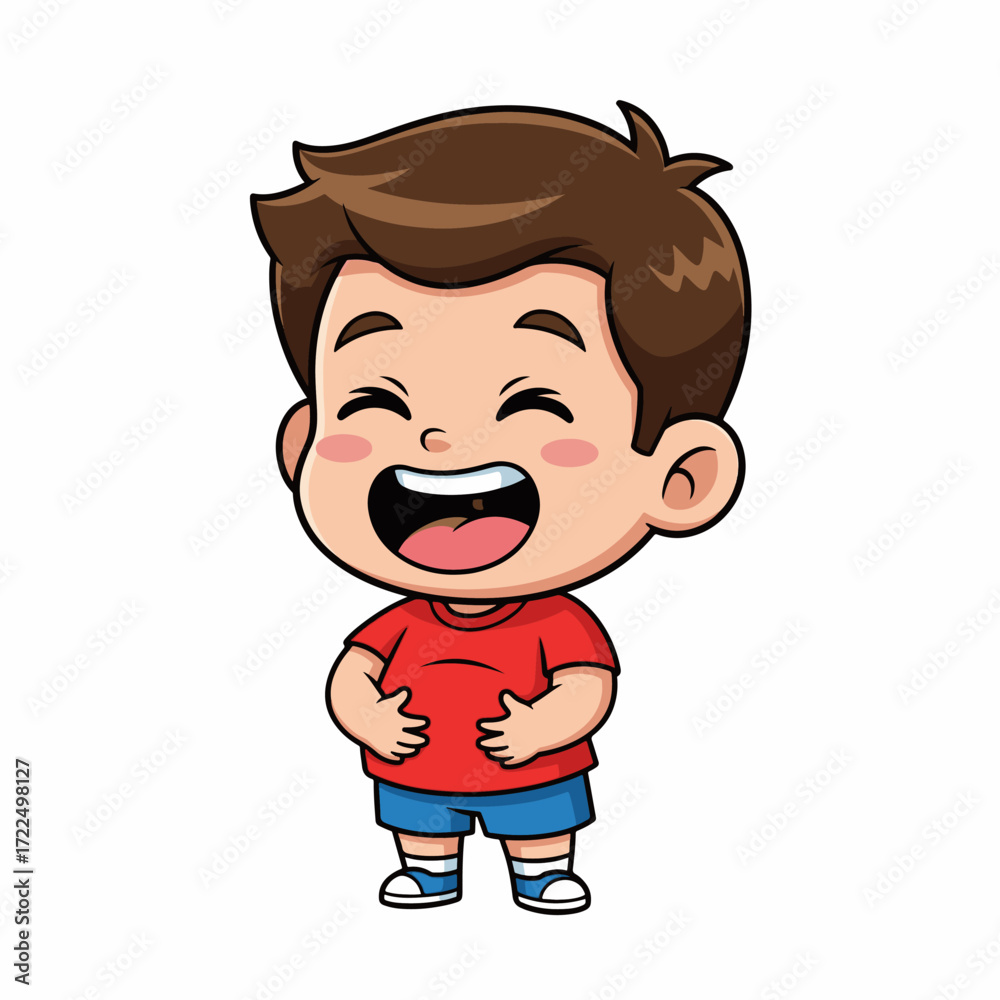 Fototapeta premium Retro anime-style chibi boy laughing hard while holding his belly, eyes closed, wide smile, flat 2D vector.
