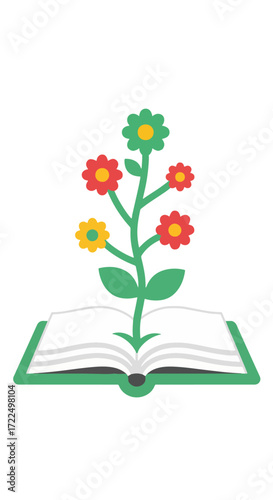 Flat vector 2D icon — a plant growing from an open book, symbolizing learning as an investment that always gives flowers.