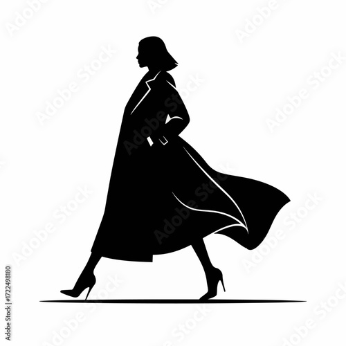 Flat 2D vector illustration, fashion model silhouette walking on runway with long flowing coat.