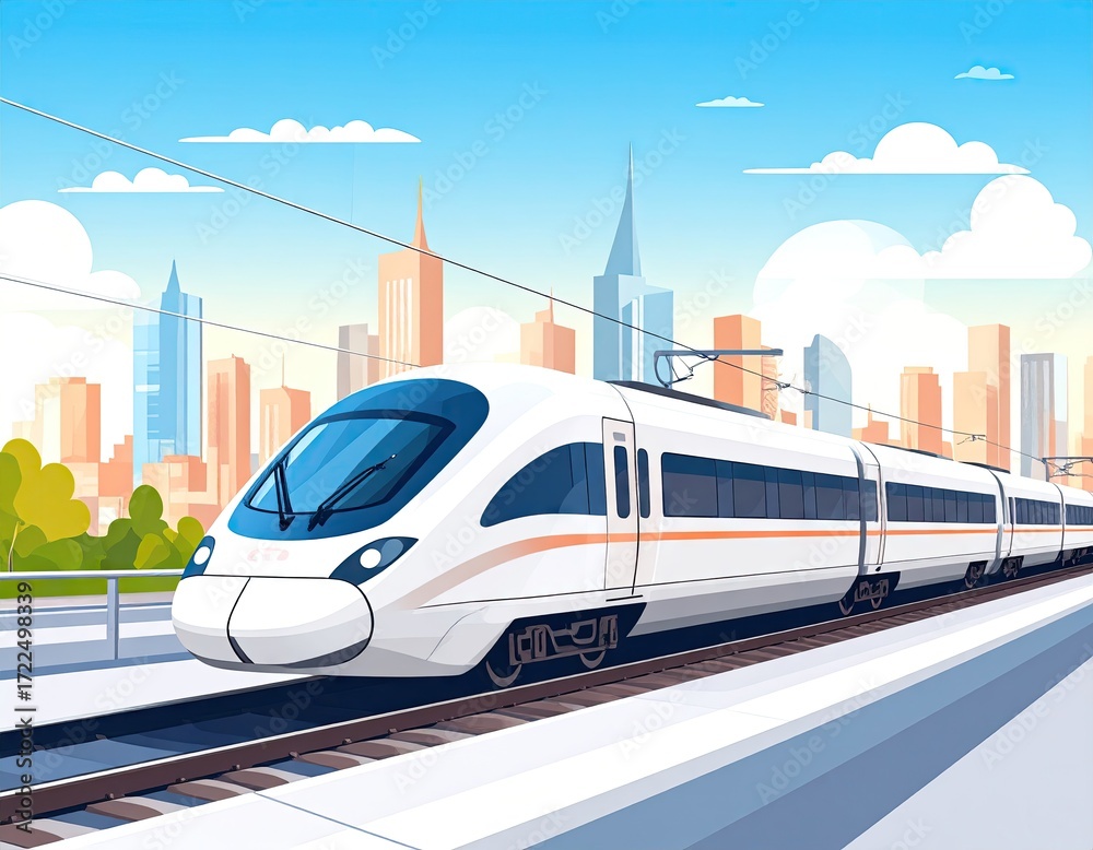 Naklejka premium Modern train on tracks through city