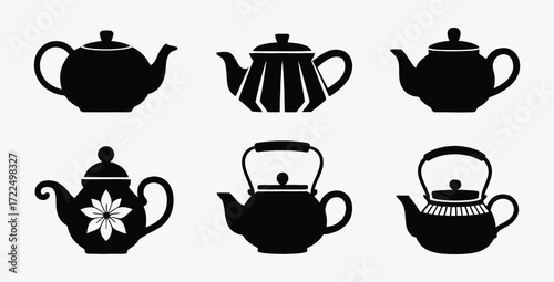 Elegant Teapot Vector Set Black Silhouettes of Various Teapots Illustration