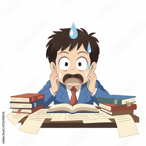 Flat vector 2D gilpy-style character sitting at desk with open books, scattered papers, shocked expression.