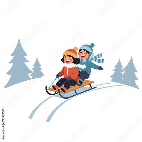 Excited children in warm winter attire happily sled down a gentle snow-covered hill, laughing with small background trees in a bright 2D flat vector illustration.