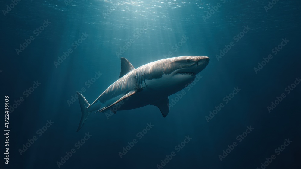 Obraz premium Majestic Great White Shark Swimming Gracefully in Crystal Clear Ocean Waters Beneath Luminous Sunbeams with Mysterious Underwater Background