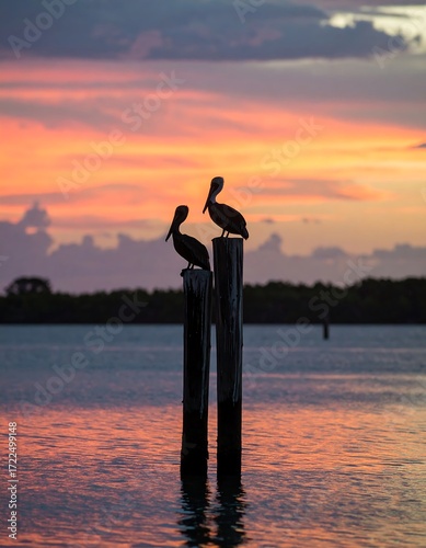 Pelicans on sunset pilings