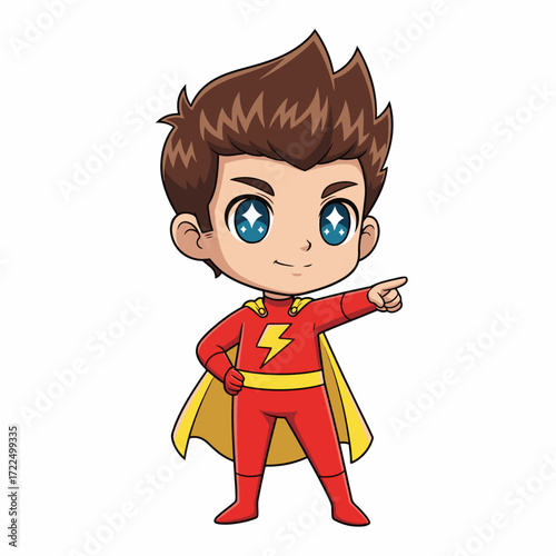 Retro anime-style chibi boy standing proudly with one hand on hip and the other pointing forward with determination, flat 2D vector.