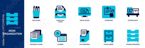 Desk Organization Blue Colored Outline Icon Set