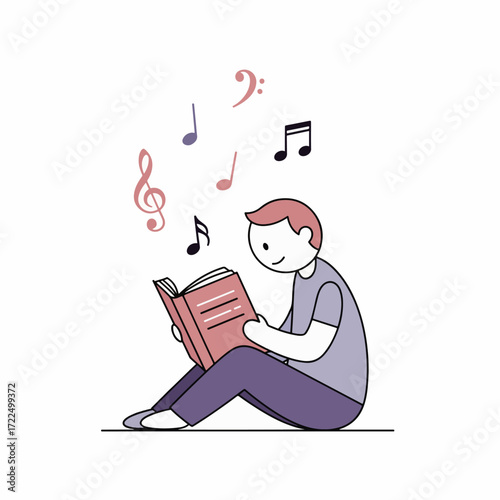 2D flat vector illustration of a student reading a book while musical notes float softly around, symbolizing music as a companion.