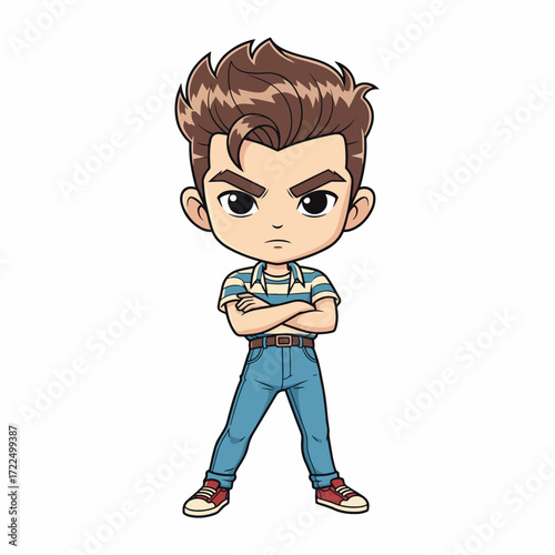Retro anime-style chibi boy posing like a male model with crossed arms, serious expression, stylish stance, flat 2D vector.