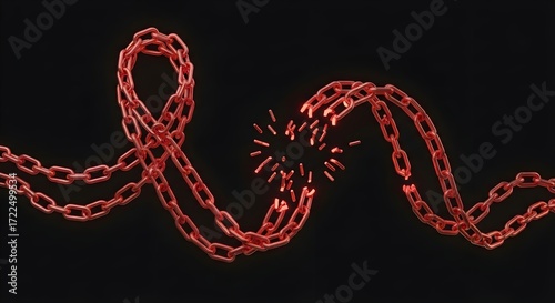 Broken Red Chain: Freedom, Liberation, and Overcoming Obstacles on Black Background