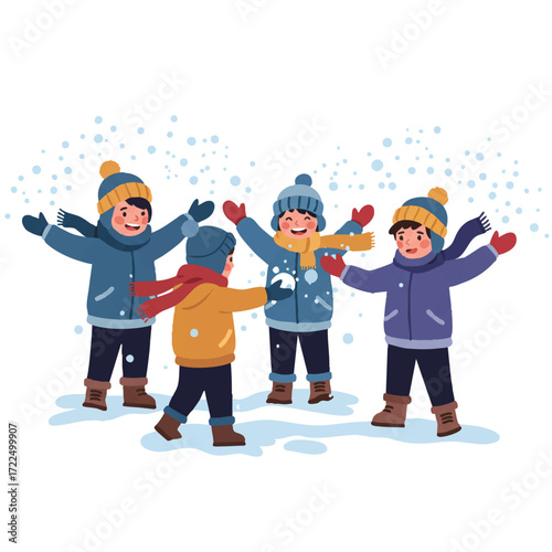 Playful children in vibrant winter jackets and hats enjoy a friendly snowball fight with snow flying, depicted as a joyful 2D flat vector illustration on a clean white background.