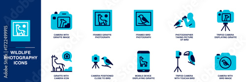 Wildlife Photography Blue Colored Outline Icon Set