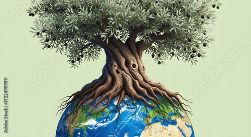 Olive Tree Roots Earth: Symbolic Illustration of Environmental Connection and Growth.