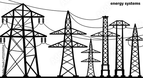 Electric Power Transmission Towers Silhouette, High Voltage Grid Infrastructure, Energy Systems Vector Illustration for Industrial Design, Engineering, and Renewable Energy Concepts