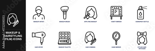 Makeup & Hairstyling (Film) Line Icon Set