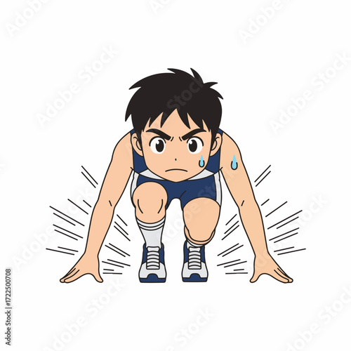 flat vector 2D — gilpy-style character anime 1980s inspired, crouched in sprinter starting position